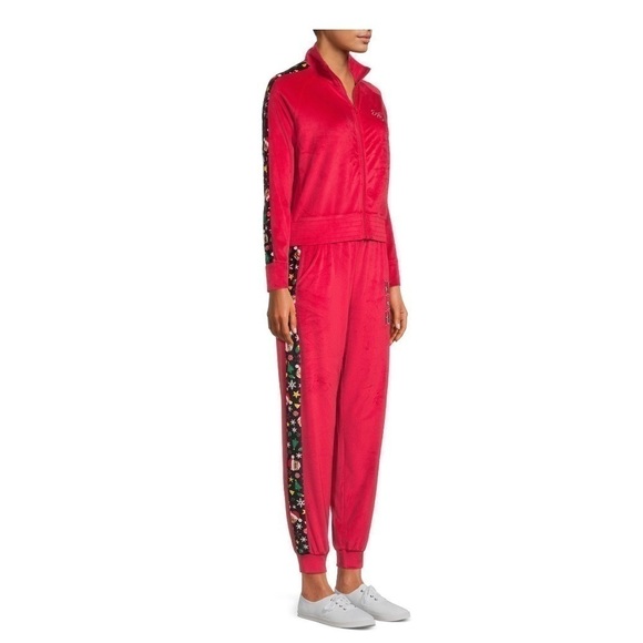 Cat Print Velour Christmas Track Suit NWT 3X Red Sequin Jacket Pants Full Zip - Picture 3 of 12
